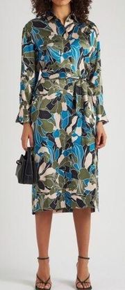 Mannon Floral Print Silk Shirt Dress by  in Blue Green Size Small