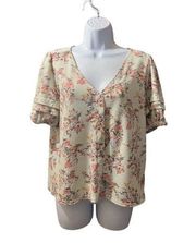 Melloday Floral Short Tiered Sleeve V-Neck Button Up Top Blouse Women's Small‎