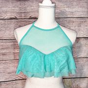 Betsey Johnson Aqua Ballerina Ruffle Bikini Top Halter W/Mesh Size M