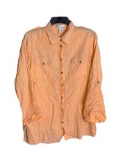 Peach w Metallic Gold Striping Adjustable Sleeves Shirt Wm L