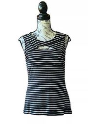 Vince Camuto, women’s black and white stripe keyhole pull over sleeveless top M