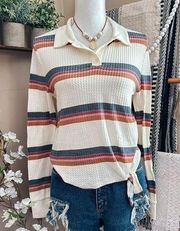 Others Follow Cream/Striped Preppy Waffle Knit Collared Front Tie Top