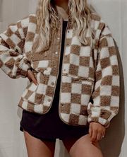 The Stevie Checkered Sherpa Fleece Jacket In Latte