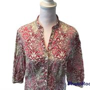 Pink, Red, Yellow, White Pattern Button Down 3/4” Sleeve Shirt 8