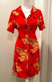 VTG 90s Notations Red Tropical Button Down Collared Short Sleeve Maxi Dress - S