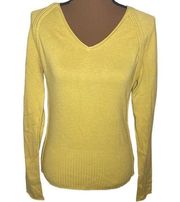 Cabi v-neck braided trim roll edge rib hem cotton angora sweater in citron sz S