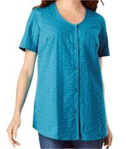 New  Seersucker Button Down Tunic V-Neck Short Sleeve Top Blue 38/40