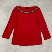 Rafaella Top Womens Small Petite Red Beaded Cotton Pullover Tee Shirt Classic