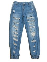 Indigo Rein Distressed High Rise Mom Jogger Jeans Stretch Light Wash Size 5 / 26