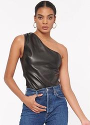 Chrissa Vegan Leather Bodysuit Black NWT Size XS One Shoulder