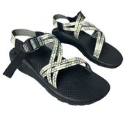 Chaco sandals double strap design. Yellow & gray honeycomb pattern.