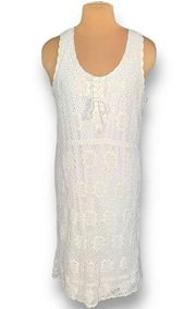 Vintage Newport News Dress White Crochet Floral Design Sleeveless Scoopneck Midi