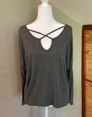 Acemi Cold Shoulder Criss Cross Long Sleeve Grey Top