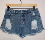 Denim Medium Wash High Rise Distressed Cut Off Shorts