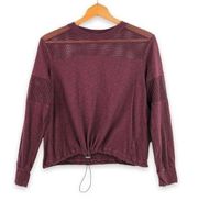 Maroon Mesh Panel, Cinch Waist Long Sleeve Athleisure Top - S