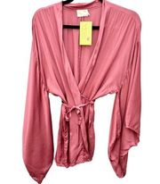 Nation LTD Wide Dolman Sleeve Trim Hem Wrap Tie Top Pink Women's Medium