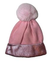 INC International Concepts Pink Ribbed Metallic Trim Beanie with Pom New