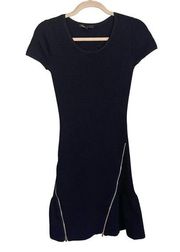 MAJE Dress XS Stretch Rib Bodycon Zipper Slit Peplum Short Sleeves Mini Black