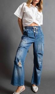 EASEL NWT DRAWSTRING SPLATTER PRINT JEANS PANTS  LIGHT WASH SIze Large