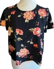 Rewind Black With Floral Design Short Sleeve Blouse Size Medium