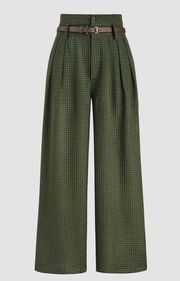 Cider Green Houndstooth High Waist Wide Leg Trouser Pants