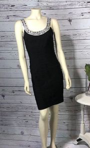 Carmen Marc Valvo, Gem Stones, Metallic Black Bandage Dress size small