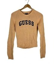 GUESS Brown/Tan Black Logo on Chest Chunky Cable Knit Sweater