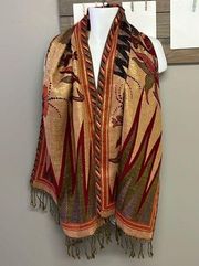 Pashmina Brown Tan Orange Red Metallic Jacquard Wrap w/Tassels approx 78” by 26”