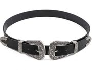 Western Gaucho Faux Leather Double Buckle Waist Belt Black/Silver One size