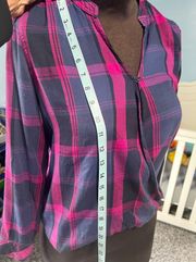 Navy/Pink Plaid Front Wrap Shirt, Size Small