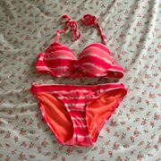 Xhilaration neon pink tie dye strip two piece bikini set size medium