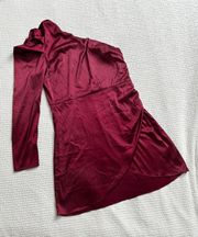 burgundy one sleeve satin mini dress