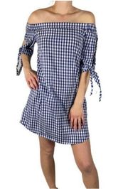 100% Cotton Blue Plaid Cold Shoulder Mini Dress