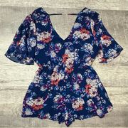 As U Wish Flutter 1/2 Sleeve Surplice Floral Navy Romper Womens S Low Back