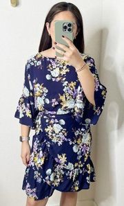 B Collection by Bobeau Astrid Floral Blue Apron Mini Wrap Dress 3/4 Sleeves XS