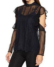 Sabian Cold-Shoulder Long Sleeve Lace Blouse Semi Sheer Black sz XS