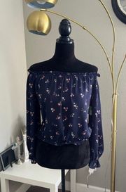 Women’s Long Sleeve Off the Shoulder Navy Floral Peasant Top Size Small