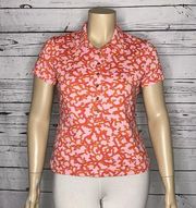 J. McLaughlin Size XL Pink & Orange Coral Reef Print Polo Henley Blouse Top