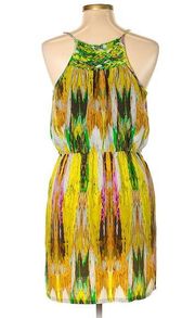 Charlie Jade Silk Sleeveless Green Abstract Multi Color Print Dress Large