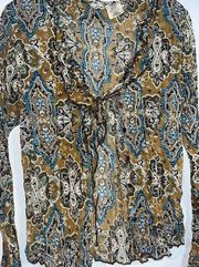 No Boundaries Y2K Vintage Holographic Sequined Paisley Button Up Bell Sleeve Top