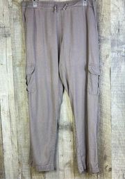 Just Living Large Beige Linen Blend Cargo Pants w/Stretch Drawstring Wai…