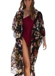 Walter Baker Tulum Kimono Duster‎ Midi Cover Up Black Floral Multi OS $198