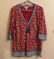 Lucky Brand Boho Peasant Top with tussles V Neck 1/4 sleeve size 1X