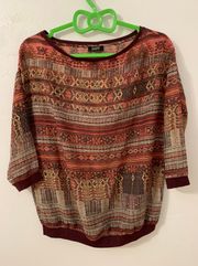 Sheer Bohemian Geometric Pattern Striped Maroon Blouse Top Size S