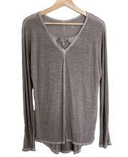 Soft Surroundings  Burnout T-Shirt‎ Womens Size S Gray Lace Trim Long Sleeve