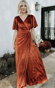 Rust Meghan Velvet Long Wrap Dress Formal Bridesmaid Sz S *Altered