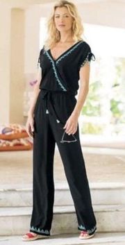 Soft Surroundings Jumpsuit Baja Black Embroidered V Neck Size Medium EUC