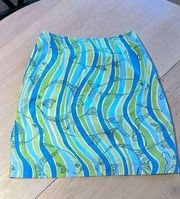 LILLY PULITZER WOMENS FISH PRINT MINI PENCIL SKIRT BLUE GREEN SIZE 0