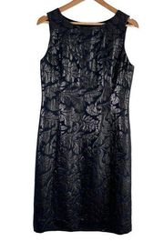 Tibi Metallic Jacquard Sleeveless Sheath Cocktail Dress in Black Silver, Size 10