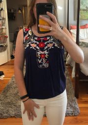 Navy Embroidered Sleeveless Top